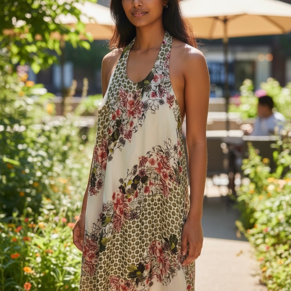 Floral Halter Maxi Dress in Cream and Olive